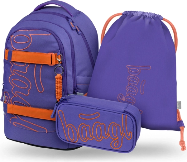 Baagl Set 3 Skate Max Orange – Schulrucksack, Federmäppchen und Beutel GRS