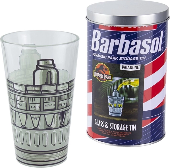 JURASSIC PARK Trinkglas 450 ml in BARBASOL Geschenk-Metalldose