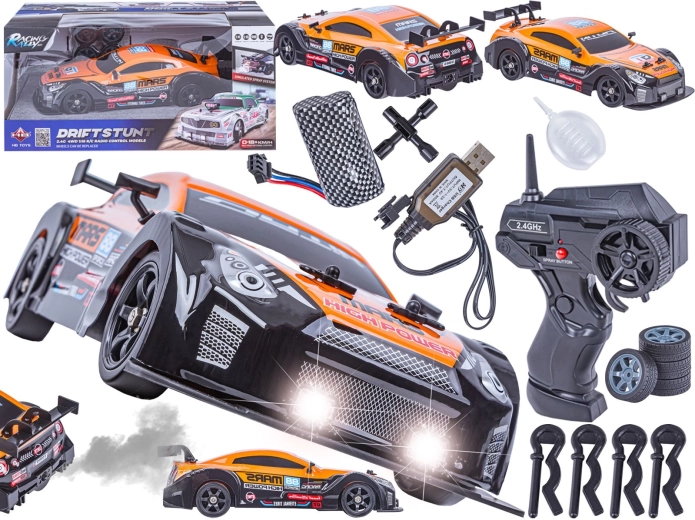 Ferngesteuertes Drift-Auto mit Wasserdampf 1:16, 2,4 GHz, 4WD mit LED, orange (inspiriert von Nissan GTR)
