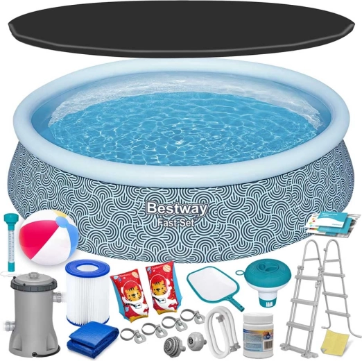 Aufblasbarer Pool BESTWAY Fast Set 457 × 107 cm mit Rattanmuster – Familien-Set 18in1