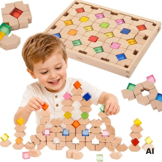 VIGA Holzbausteine mit Acrylelementen für das Spiel mit Licht – 66 Teile