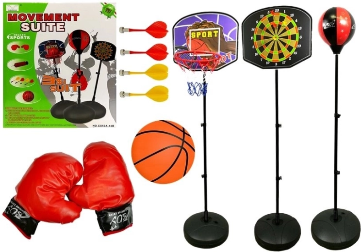 Mobiles Kinder-Sportset 3-in-1 – Basketball, Boxen und magnetische Darts