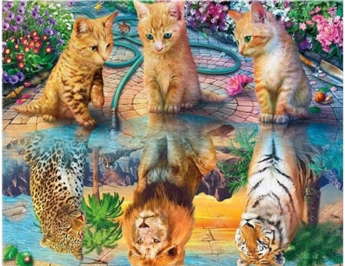Diamantstickerei (Diamond Painting) Spiegelbild – Leopard, Löwe und Tiger 40 × 30 cm
