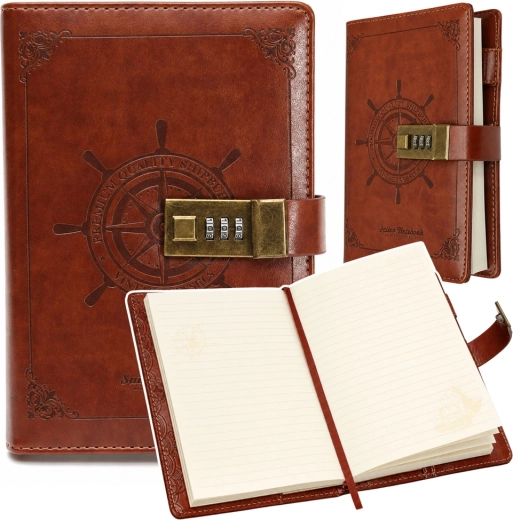 Notizbuch A5 mit Zahlenschloss aus Eco-Leder, braun mit Steuerrad