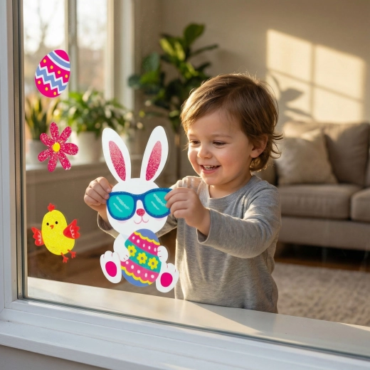 Österlicher Fensteraufkleber mit glitzerndem Häschen 43 × 30 cm
