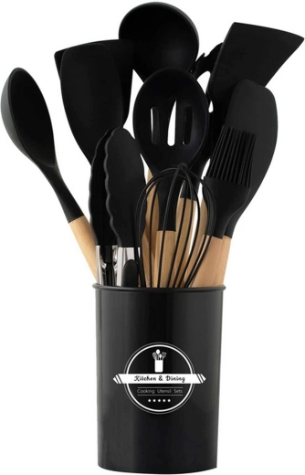 Set aus Küchenwerkzeugen aus Silikon mit Holzgriffen, 12-teilig