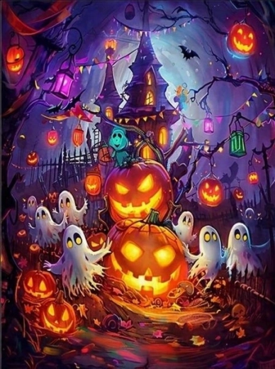 NORIMPEX Malen nach Zahlen Spukhaus mit Halloween-Kürbissen 40 × 50 cm
