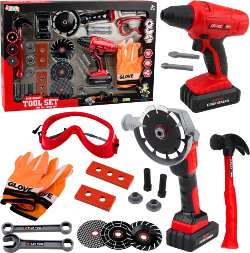 Großes Kinder-Werkzeugset mit Akku-Bohrschrauber und Winkelschleifer, 28 Teile