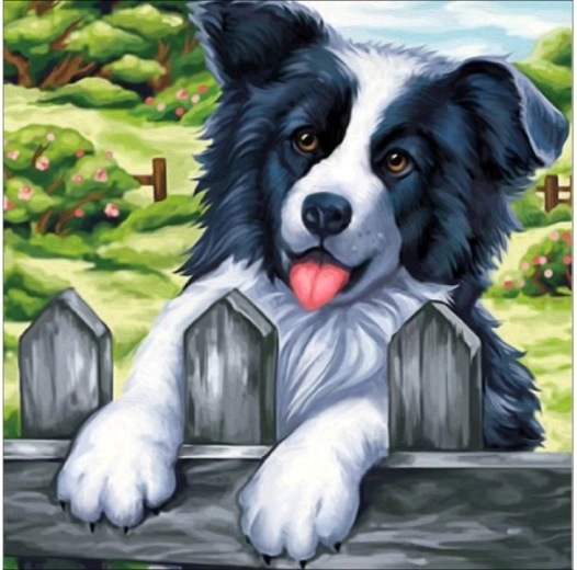 Diamantstickerei (Diamond Painting) Bild „Hund am Zaun“ 30 × 30 cm - 1 Stück