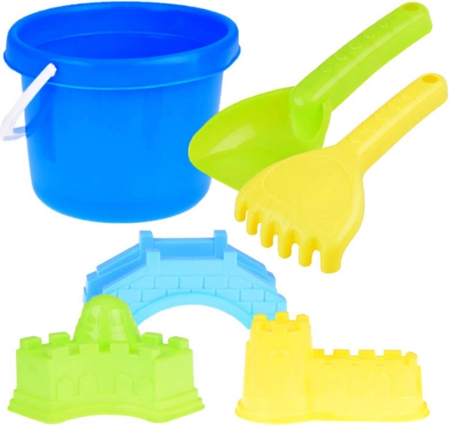 Strand-Sandspiel-Set mit Eimer, Schaufel, Harke und Förmchen