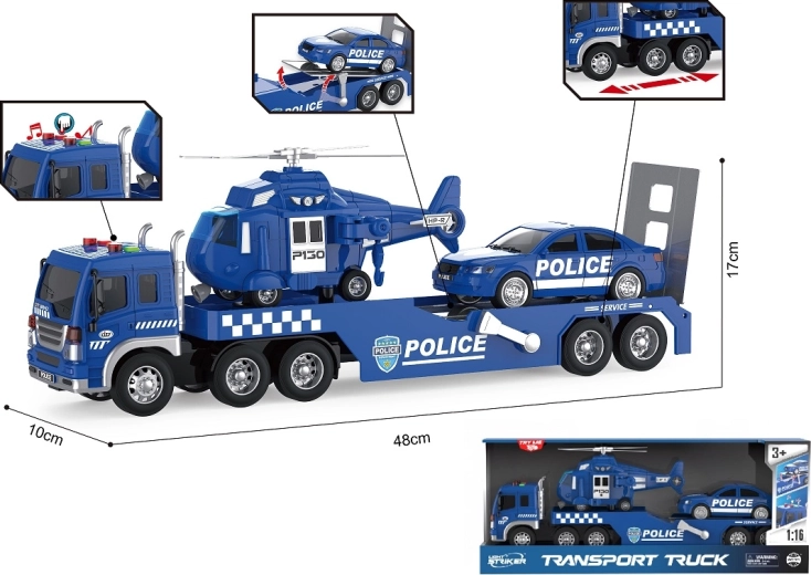 Polizeilicher Abschleppwagen 1:16 mit Lichtern, Geräuschen, Auto und Hubschrauber