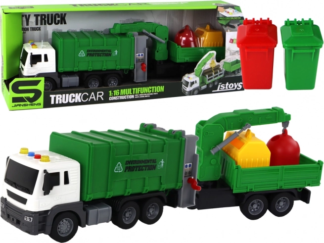 Müllwagen Kran Anhänger mit Rückziehfunktion mit Geräuschen grün 1:16