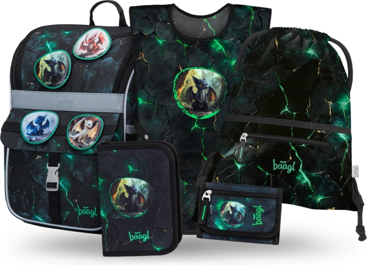 Baagl Schulset Zippy Drachen – Schulranzen, Federmäppchen, Beutel, Schürze und Geldbörse