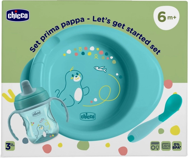 Chicco Starterset fürs Füttern – Teller, Trainingsbecher und Löffel blau 6m+