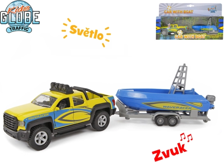 Kids Globe Traffic Sattelschlepper mit Boot 27 cm, Metallmodell mit Licht und Sound