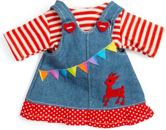 Bigjigs Toys Jeanskleid mit Latz und rot-weiß gestreiftem T‑Shirt für eine 28‑cm-Puppe