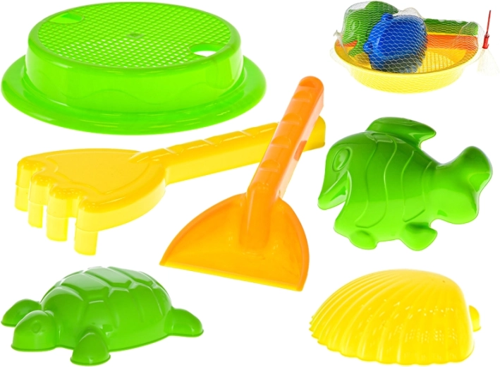 Kindersandspiel-Set mit Sieb, Schaufel, Rechen und Förmchen (im Netzbeutel)