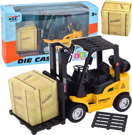 Metall-Gabelstapler mit Aufziehantrieb, Palette und Kiste – gelb