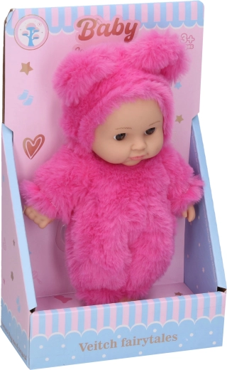 Baby in einem dunkelrosa Körbchen, 19 cm