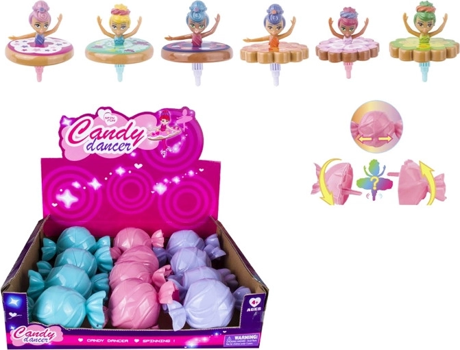 Ballerina-Puppe, die sich wie ein Kreisel dreht, in bonbonförmiger Geschenkverpackung