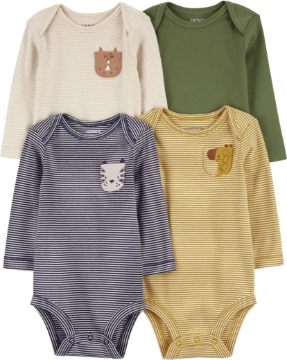 Baby-Body mit langen Ärmeln Navy/Olive Animal, 4 Stk., NB/56