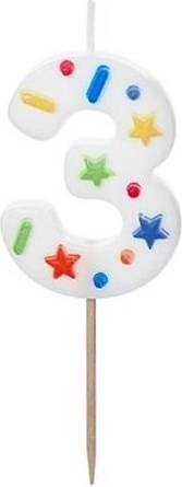 Geburtstagskerze Zahl 3, weiß mit Konfetti, 5,5 cm
