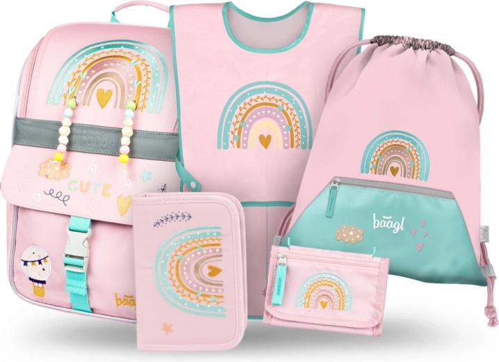 Baagl Schulset 5-in-1 Zippy Regenbogen Rosa – Schultasche, Federmäppchen, Turnbeutel, Schürze und Geldbeutel