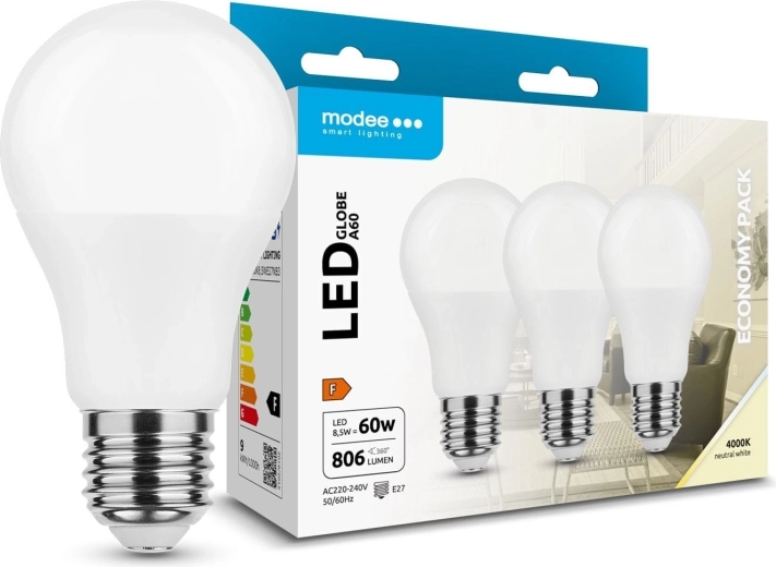 Modee LED-Glühbirne Globe A60 8,5 W E27, 806 lm, neutralweiß, Packung mit 3 Stück
