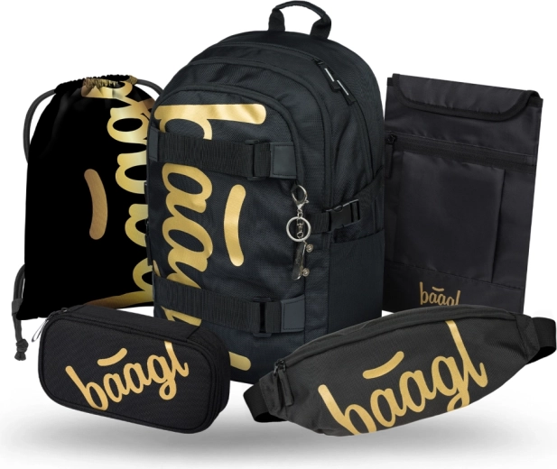 Baagl Schulset Skate Gold – Rucksack, Federmäppchen, Turnbeutel, Gürteltasche und Laptophülle