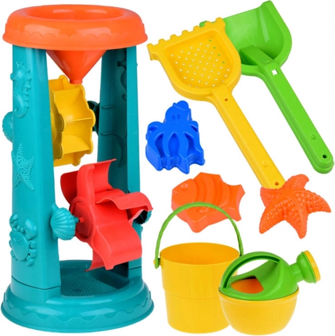 Großes Set mit Sandspielzeug bestehend aus Eimer, Harke und Wasserrad