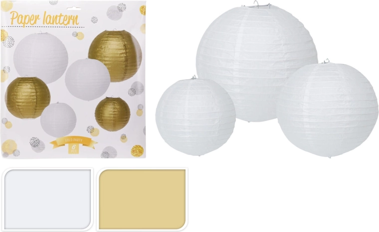 Papier-Party-Lampionen Weiß und Gold, Set 6 Stück (30/25/20 cm)