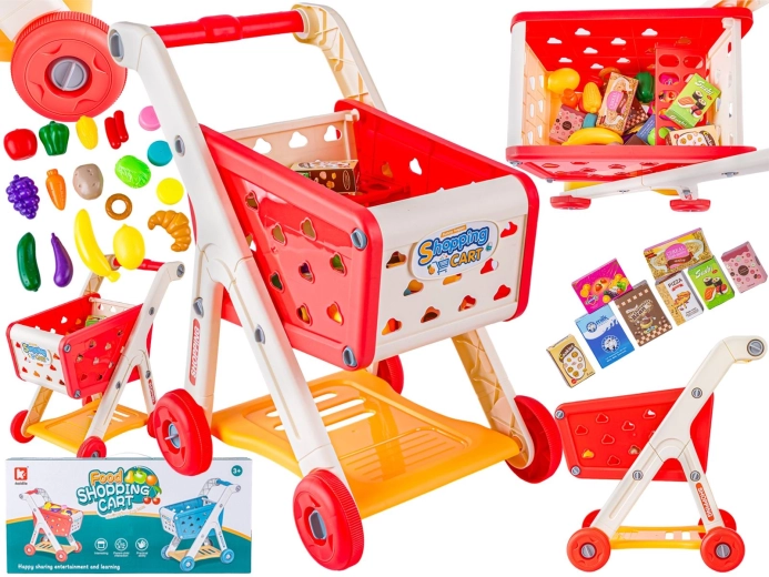Kinder-Einkaufswagen Supermarkt rot mit Zubehör (Obst und Gemüse)