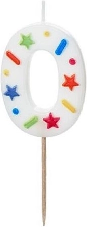 Tortkerze Zahl 0, weiß mit Konfetti, 5,5 cm