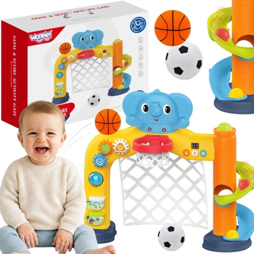 Woopie baby interaktives Sportzentrum 2-in-1 – Tor und Basketballkorb mit Elefant