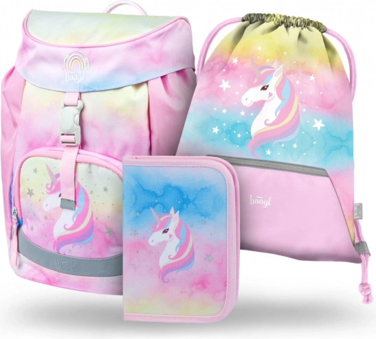 BAAGL SET 3 Airy Rainbow Unicorn: Schulranzen, Federmäppchen, Beutel