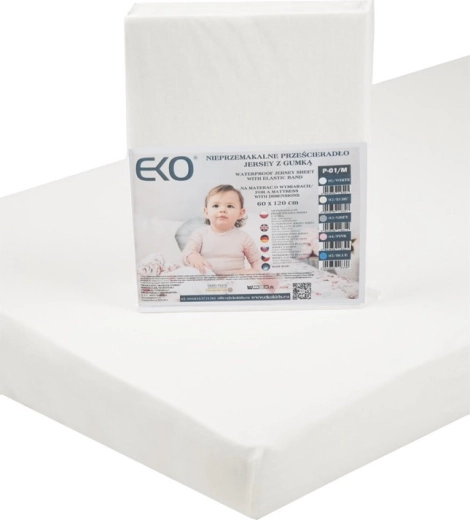 EKO wasserdichtes Jersey-Spannbettlaken mit Gummizug, weiß 120 × 60 cm