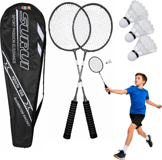 Badminton-Set mit 2 Schlägern, 3 Kunststoff-Federbällen und Tasche, schwarz