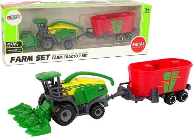 Mähdrescher mit Anhänger – grün‑rotes landwirtschaftliches Fahrzeug, Kunststoffspielzeug