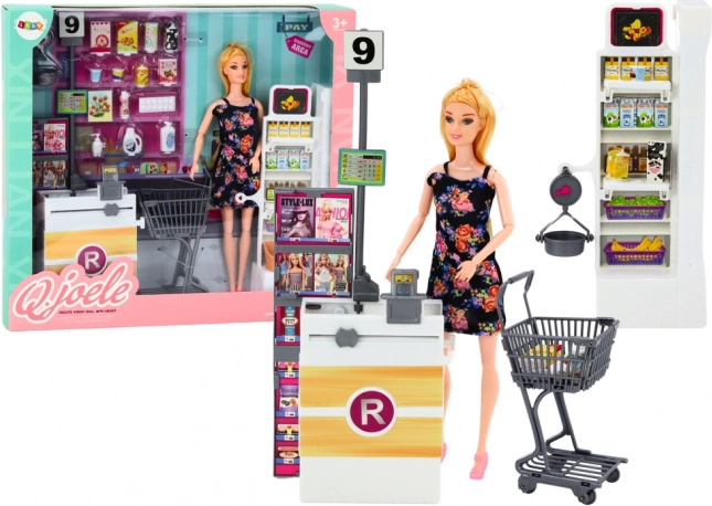 Puppe im Supermarkt mit Regalen, Einkaufskorb und Lebensmitteln