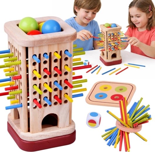 Holzgeschicklichkeitsspiel mit bunten Stäbchen und Kugeln