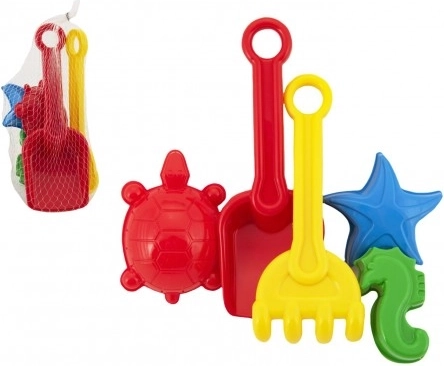 Plastik-Sandspiel-Set mit Schaufel, Harke und Förmchen im Netz