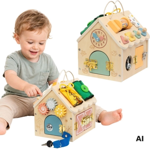 Tooky Toy Holz-Aktivitätshaus (Busy Board) mit Aktivitäten und Schlössern