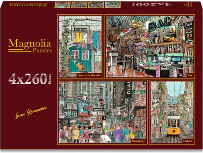 Magnolia Puzzle – Liebe liegt in der Luft, Retro-Bar, Broadway und Gassen von Lissabon 4×260 Teile