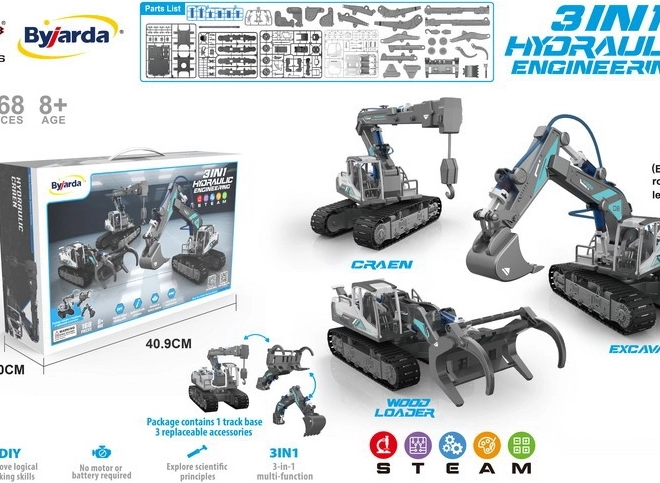 3-in-1-Bauset Hydraulische Baufahrzeuge für Kinder 8+, 168 Teile