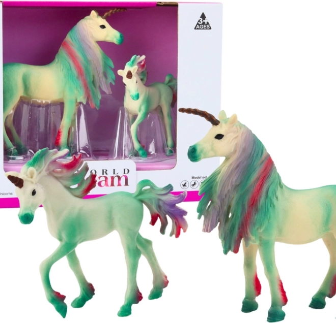Sammelfiguren Einhörner grün – erwachsenes Tier und Jungtier, Set 2 Stk.