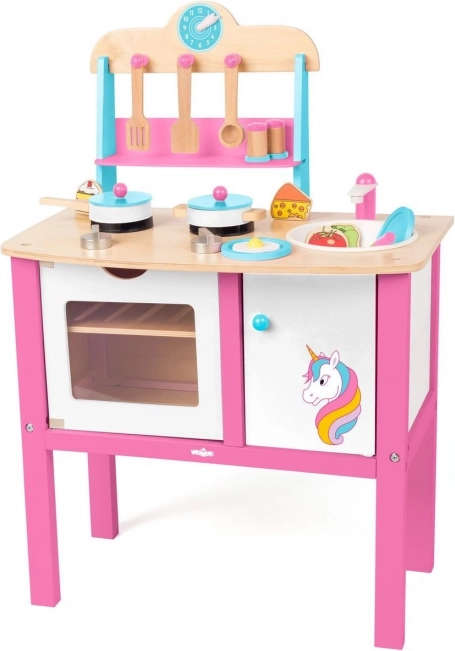 WOODY Kinder-Holzküche Einhorn – 17-teiliges Zubehör, Arbeitshöhe 50 cm