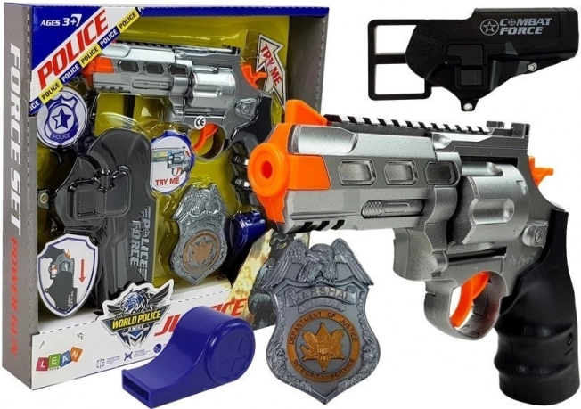 Polizeiset mit 20 cm Revolver, Abzeichen, Holster und Pfeife mit Licht und Sound
