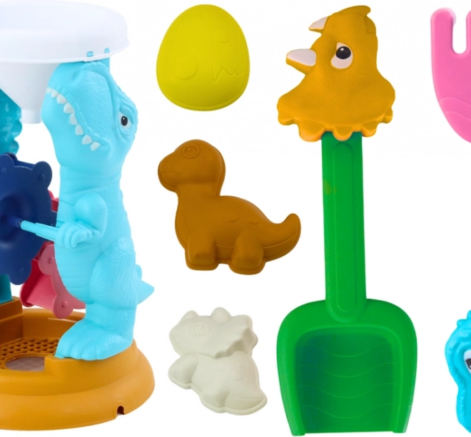 Dinosaurier-Sandset mit Sandmühle, Schaufel, Harke und Förmchen