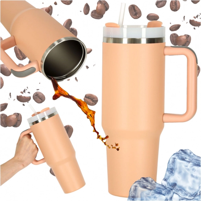 Großer Thermobecher mit Strohhalm und Griff 1,2L puderrosa