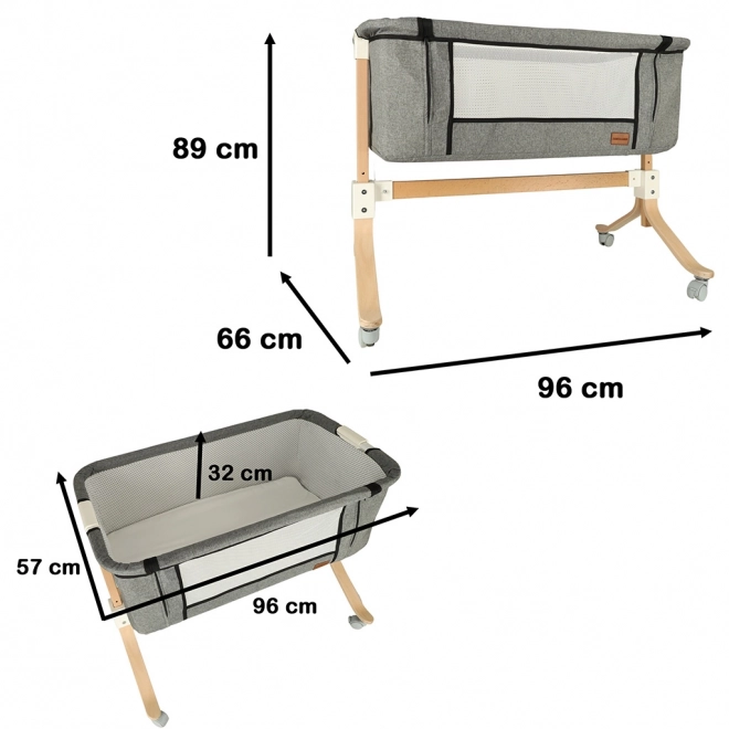 Beistellbett für Babys aus Holz auf Rollen in Grau